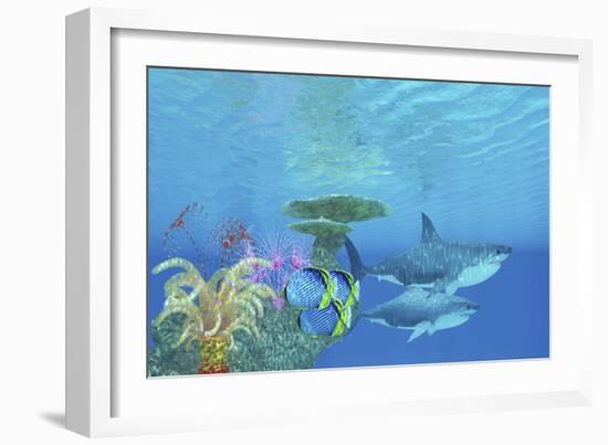 Butterflyfish Swim Toward the Shelter of a Reef to Hide from Two Great White Sharks-Stocktrek Images-Framed Art Print