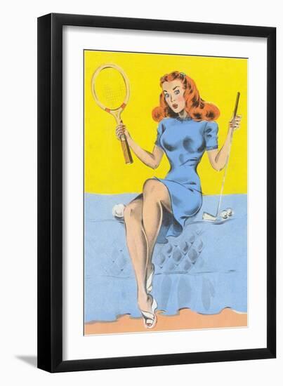 Buxom Redhead with Tennis Racket and Putter-null-Framed Art Print