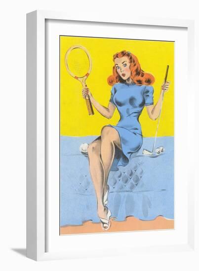 Buxom Redhead with Tennis Racket and Putter-null-Framed Art Print