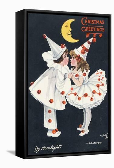 By Moonlight, Boy and Girl in Pierrot Costume Look at Each Other and Like What They See-H.d. Sandford-Framed Stretched Canvas