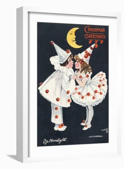 By Moonlight, Boy and Girl in Pierrot Costume Look at Each Other and Like What They See-H.d. Sandford-Framed Art Print