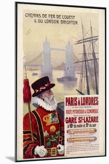 By Rail and Sea from Paris to Brighton or London Featuring a Beefeater and Tower Bridge 1 of 8-René Péan-Mounted Art Print