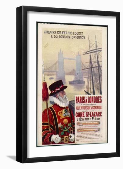 By Rail and Sea from Paris to Brighton or London Featuring a Beefeater and Tower Bridge 1 of 8-René Péan-Framed Art Print