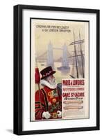 By Rail and Sea from Paris to Brighton or London Featuring a Beefeater and Tower Bridge 1 of 8-René Péan-Framed Art Print