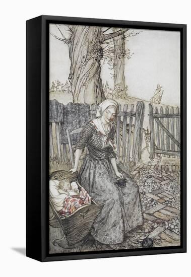 Bye, Baby Bunting.' Mother With Her Baby in a Cot. Father Going Hunting in the Background-Arthur Rackham-Framed Stretched Canvas