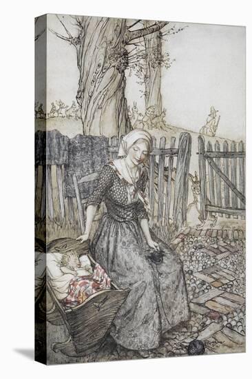 Bye, Baby Bunting.' Mother With Her Baby in a Cot. Father Going Hunting in the Background-Arthur Rackham-Stretched Canvas