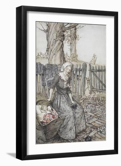 Bye, Baby Bunting.' Mother With Her Baby in a Cot. Father Going Hunting in the Background-Arthur Rackham-Framed Giclee Print