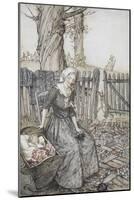 Bye, Baby Bunting.' Mother With Her Baby in a Cot. Father Going Hunting in the Background-Arthur Rackham-Mounted Giclee Print