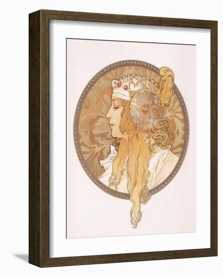 Byzantine Head of a Blond Maiden; Tete Byzantine D'Une Femme Blonde, C.1897 (Lithograph in Colours)-Alphonse Mucha-Framed Giclee Print