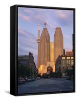 C.N.Tower and City Centre Skyscraper at Dawn, Toronto, Ontario, Canada, North America-Rainford Roy-Framed Stretched Canvas