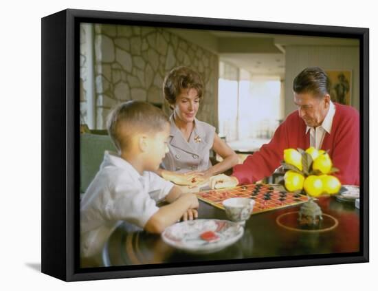 CA Gov. Candidate Ronald Reagan, Wife Nancy and Son Sitting at Table Playing Checkers at Home-Bill Ray-Framed Stretched Canvas