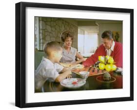 CA Gov. Candidate Ronald Reagan, Wife Nancy and Son Sitting at Table Playing Checkers at Home-Bill Ray-Framed Photographic Print