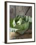 Cabbage on Chopping Board in Front of Wooden Wall-null-Framed Photographic Print