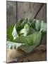 Cabbage on Chopping Board in Front of Wooden Wall-null-Mounted Photographic Print