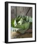 Cabbage on Chopping Board in Front of Wooden Wall-null-Framed Photographic Print
