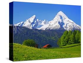 Cabin Below Watzmann Mountain in Bavarian Alps-Walter Geiersperger-Stretched Canvas