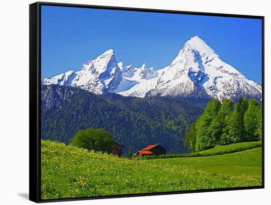 Cabin Below Watzmann Mountain in Bavarian Alps-Walter Geiersperger-Framed Stretched Canvas