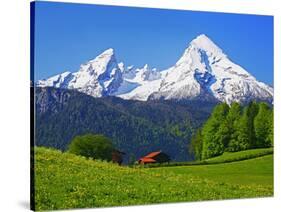 Cabin Below Watzmann Mountain in Bavarian Alps-Walter Geiersperger-Stretched Canvas