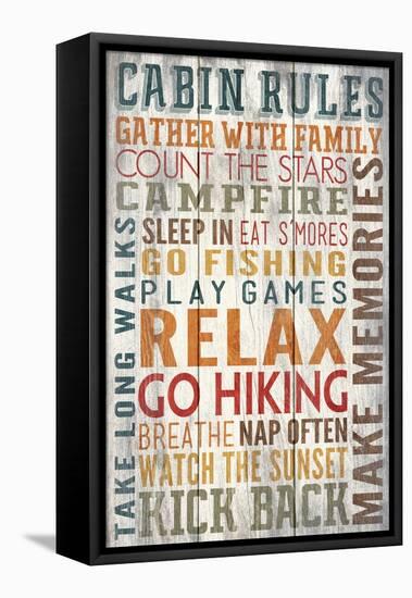 Cabin Rules Typography - Barnwood Painting-Lantern Press-Framed Stretched Canvas