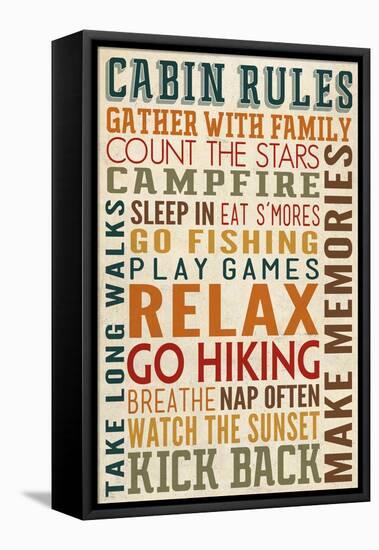 Cabin Rules Typography-Lantern Press-Framed Stretched Canvas