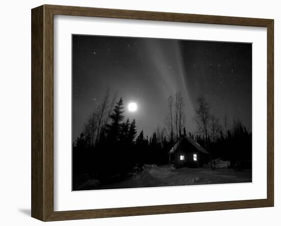 Cabin under Northern Lights and Full Moon, Northwest Territories, Canada March 2007-Eric Baccega-Framed Photographic Print