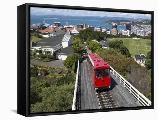 Cable Car and View over Wellington City and Harbour, North Island, New Zealand, Pacific-Nick Servian-Framed Stretched Canvas