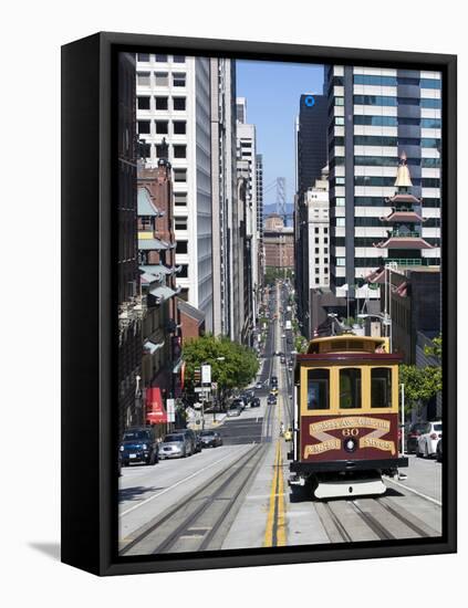 Cable Car Crossing California Street with Bay Bridge Backdrop in San Francisco, California, United-Gavin Hellier-Framed Stretched Canvas