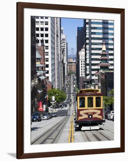 Cable Car Crossing California Street with Bay Bridge Backdrop in San Francisco, California, United-Gavin Hellier-Framed Photographic Print