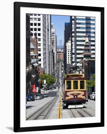 Cable Car Crossing California Street with Bay Bridge Backdrop in San Francisco, California, United-Gavin Hellier-Framed Photographic Print