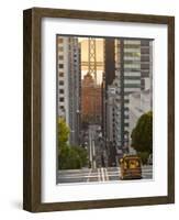 Cable Car Crossing California Street With Bay Bridge Backdrop in San Francisco, California, USA-Chuck Haney-Framed Premium Photographic Print