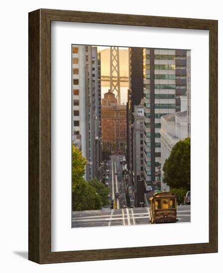 Cable Car Crossing California Street With Bay Bridge Backdrop in San Francisco, California, USA-Chuck Haney-Framed Premium Photographic Print