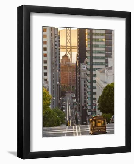 Cable Car Crossing California Street With Bay Bridge Backdrop in San Francisco, California, USA-Chuck Haney-Framed Photographic Print