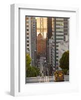 Cable Car Crossing California Street With Bay Bridge Backdrop in San Francisco, California, USA-Chuck Haney-Framed Photographic Print