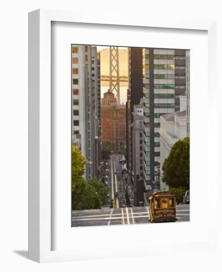 Cable Car Crossing California Street With Bay Bridge Backdrop in San Francisco, California, USA-Chuck Haney-Framed Photographic Print