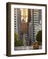 Cable Car Crossing California Street With Bay Bridge Backdrop in San Francisco, California, USA-Chuck Haney-Framed Photographic Print