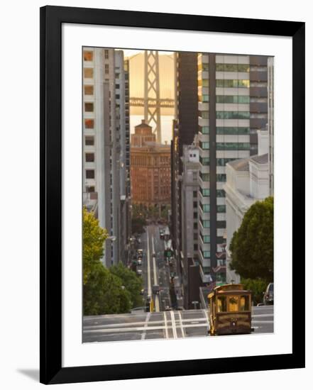 Cable Car Crossing California Street With Bay Bridge Backdrop in San Francisco, California, USA-Chuck Haney-Framed Photographic Print