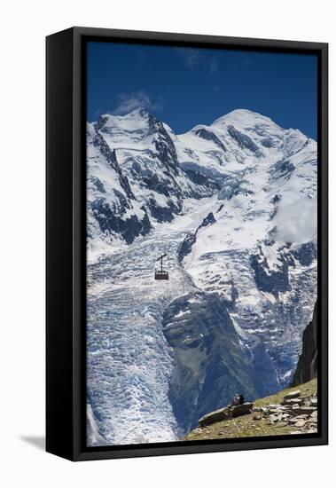 Cable Car in Front of Mt. Blanc from Mt. Brevent, Chamonix, Haute Savoie, Rhone Alpes, France-Jon Arnold-Framed Stretched Canvas