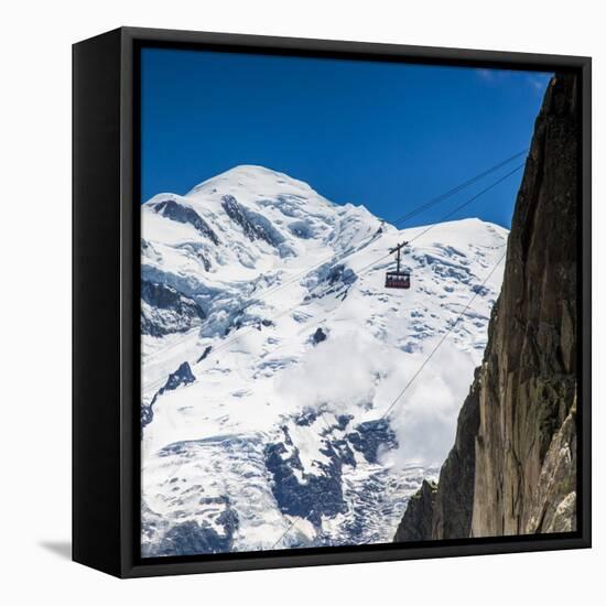 Cable Car in Front of Mt. Blanc from Mt. Brevent, Chamonix, Haute Savoie, Rhone Alpes, France-Jon Arnold-Framed Stretched Canvas