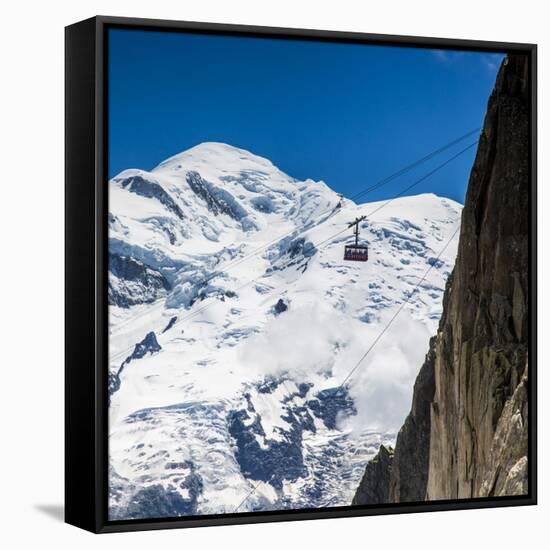 Cable Car in Front of Mt. Blanc from Mt. Brevent, Chamonix, Haute Savoie, Rhone Alpes, France-Jon Arnold-Framed Stretched Canvas