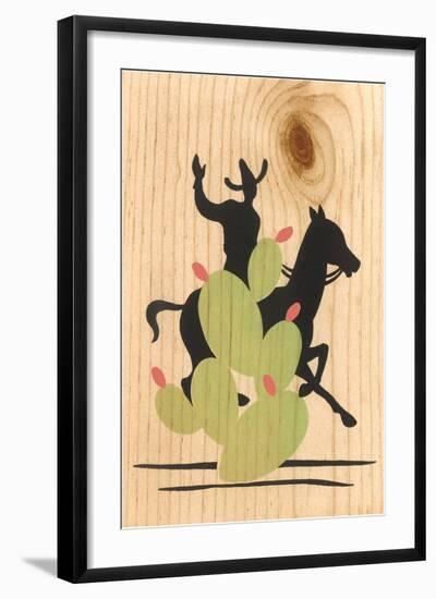Cactus and Cowboy on Woodgrain-null-Framed Art Print