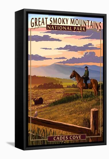 Cades Cove and Horse - Great Smoky Mountains National Park, TN-Lantern Press-Framed Stretched Canvas