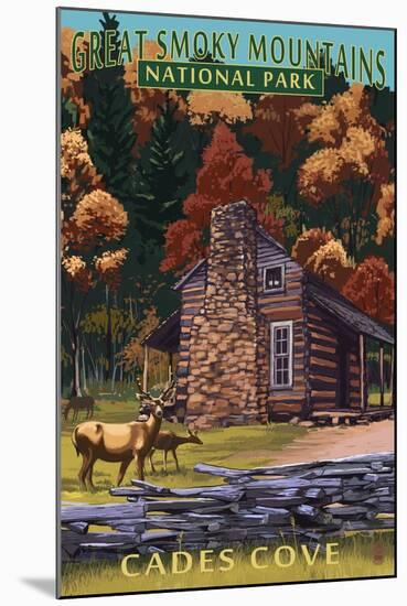 Cades Cove and John Oliver Cabin - Great Smoky Mountains National Park, TN-Lantern Press-Mounted Art Print