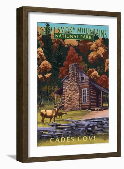 Cades Cove and John Oliver Cabin - Great Smoky Mountains National Park, TN-Lantern Press-Framed Art Print