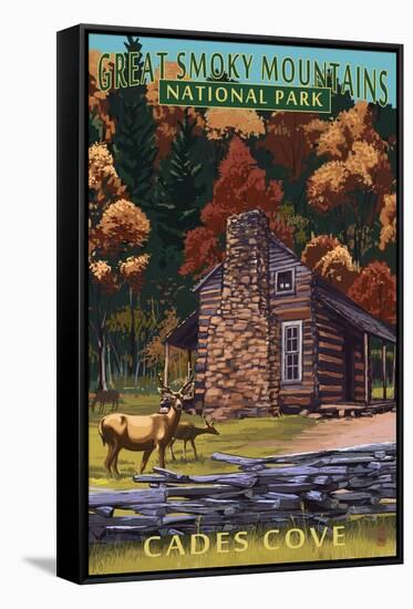 Cades Cove and John Oliver Cabin - Great Smoky Mountains National Park, TN-Lantern Press-Framed Stretched Canvas