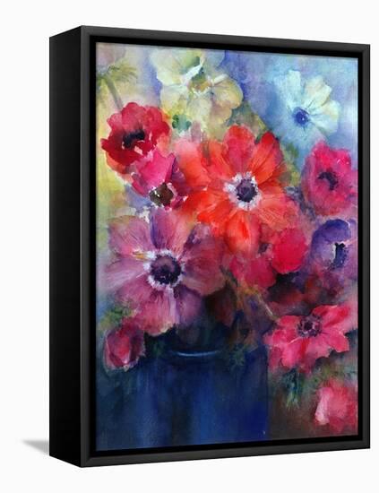 Caen Anemones in a Blue Jug-Karen Armitage-Framed Stretched Canvas