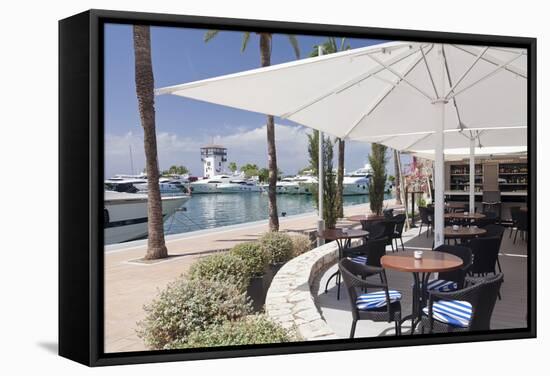 Cafe at Promenade at Marina, Portals Nous, Majorca, Balearic Islands, Spain, Mediterranean, Europe-Markus Lange-Framed Stretched Canvas