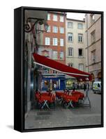 Cafe on Cobblestone Street, Rhone-Alps, Lyon, France-Lisa S. Engelbrecht-Framed Stretched Canvas