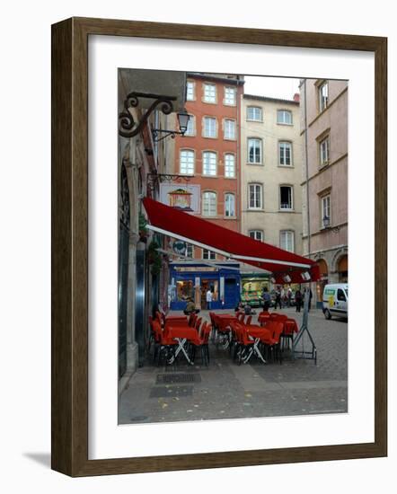 Cafe on Cobblestone Street, Rhone-Alps, Lyon, France-Lisa S. Engelbrecht-Framed Photographic Print