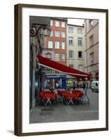 Cafe on Cobblestone Street, Rhone-Alps, Lyon, France-Lisa S. Engelbrecht-Framed Photographic Print