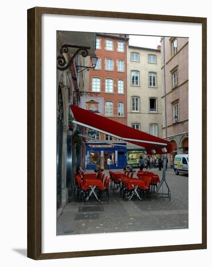 Cafe on Cobblestone Street, Rhone-Alps, Lyon, France-Lisa S. Engelbrecht-Framed Photographic Print